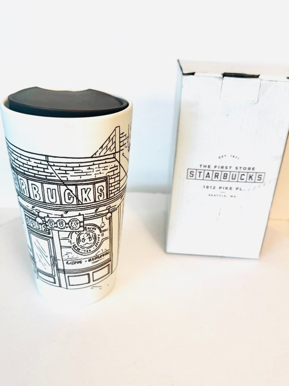 Starbucks Tumbler 12 oz Pike Place First Store Storefront White Ceramic Travel